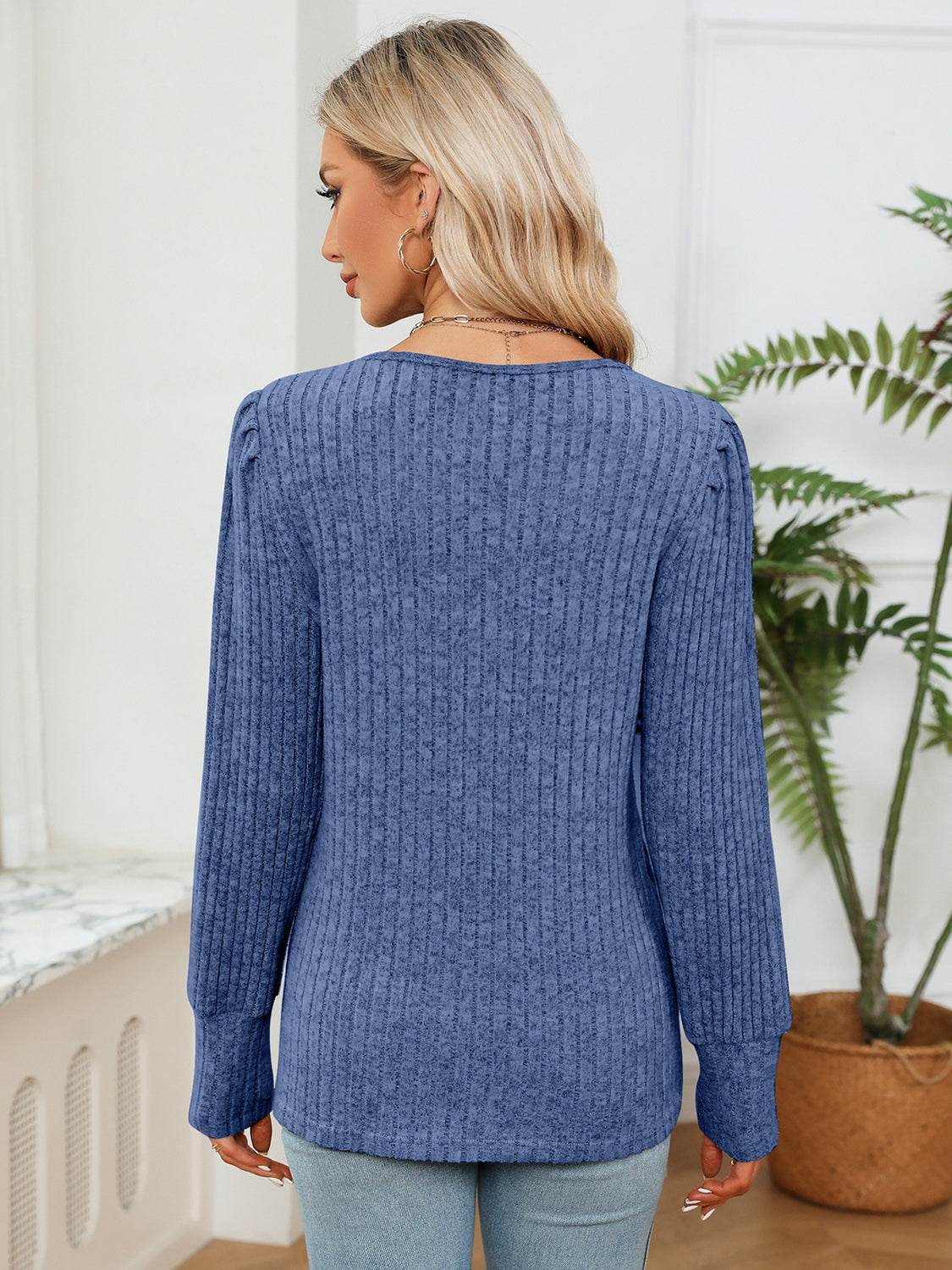 Lace Detail V-Neck Blouse with Ribbed Texture - Opaque, Slightly Stretchy Fabric - Store 42