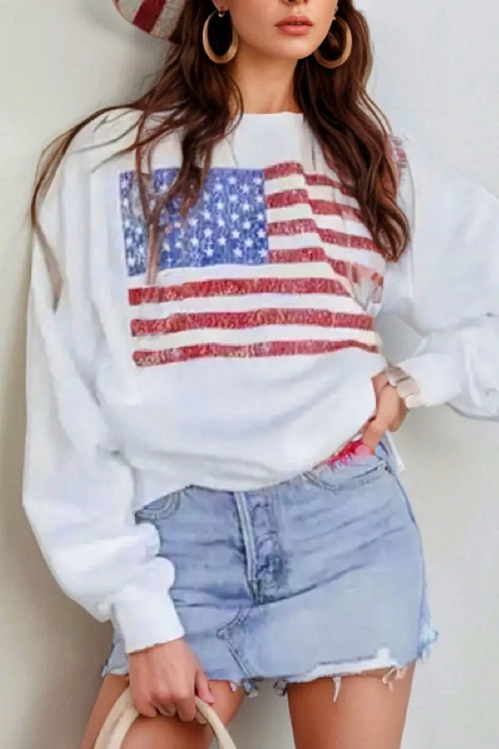 US Flag Long Sleeve Sweatshirt - Opaque, Basic Style, 50% Polyester, 50% Cotton