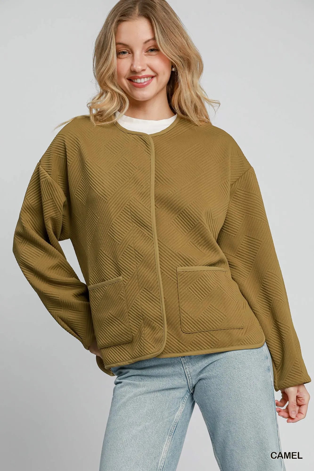 Umgee Textured Jacquard Jacket with Pockets - Sophisticated Structured Design for Versatile Outfits