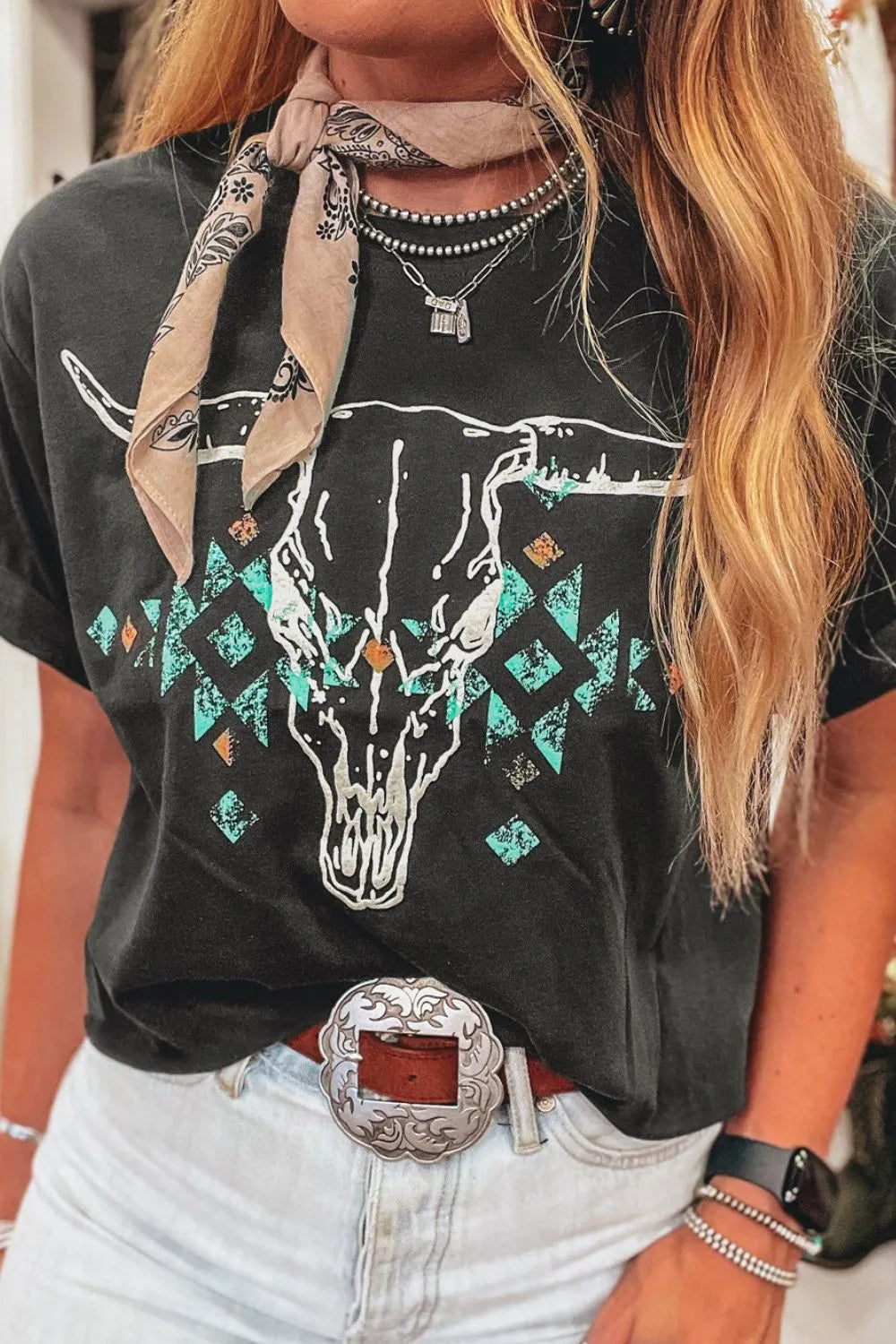 Bull Head Skull Graphic T-Shirt for Women - Short Sleeve, Opaque, Slightly Stretchy, Cotton Blend