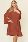 Double Take Full Size Texture Button Up Ruffle Hem Dress Rust