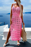 Openwork Slit Scoop Neck Sleeveless Cover Up Pink