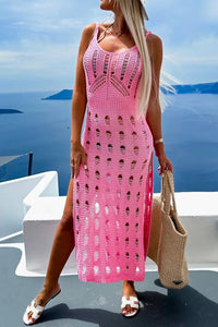Openwork Slit Scoop Neck Sleeveless Cover Up Pink