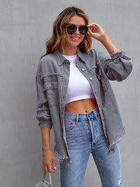Distressed Drop Shoulder Denim Jacket Gray