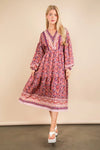 VERY J Floral Printed Boho V-Neck Balloon Sleeve Dress Purple Mix