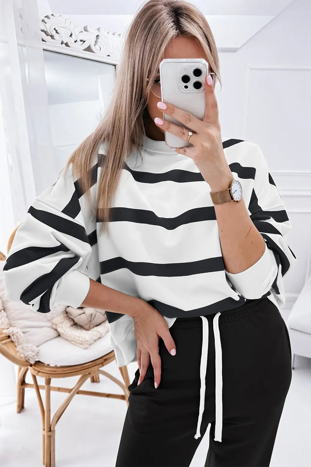 Trendy Striped Two-Piece Set: Round Neck Long Sleeve Top & Pants in Soft Stretchy Fabric