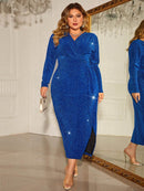 Honey Plus Size Metallic Surplice Neck Slit Dress - Opaque Stretchy Fabric, Sizes 1XL to 4XL - Store 42