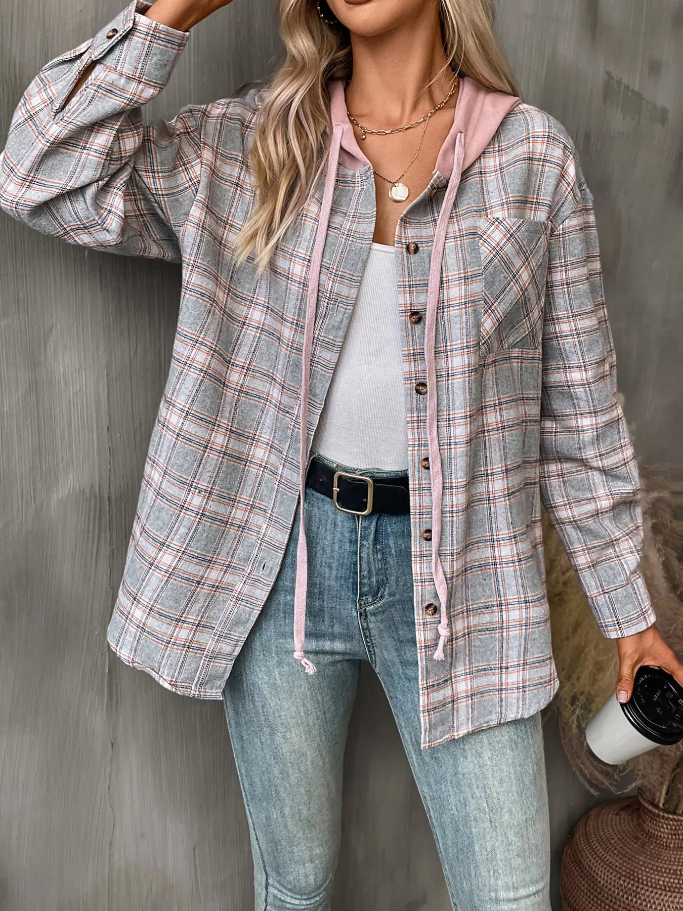 Plaid Button-Up Hooded Shirt Grey
