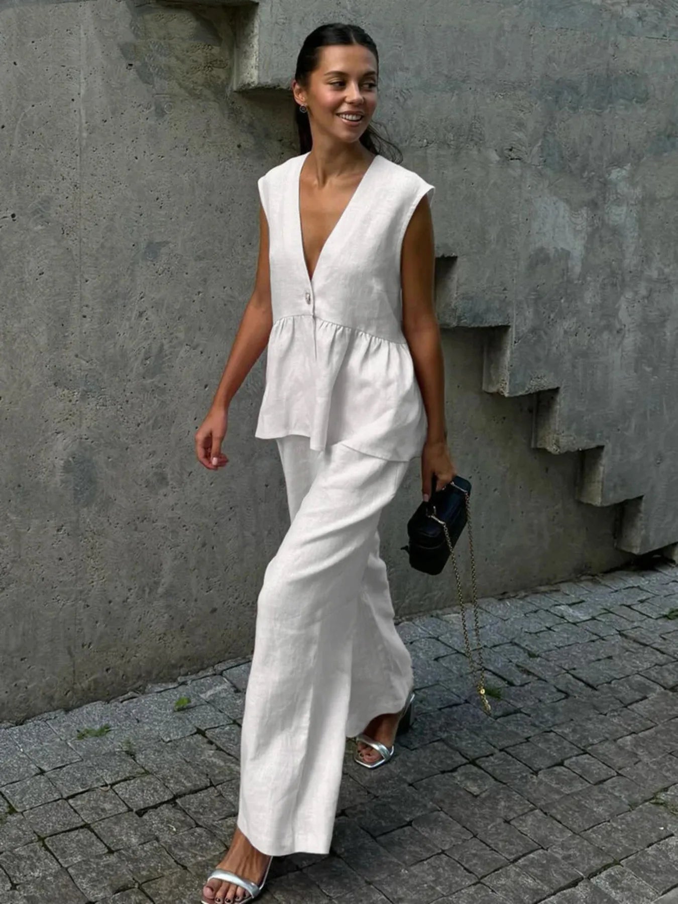 V-Neck Vest and Pants Set White