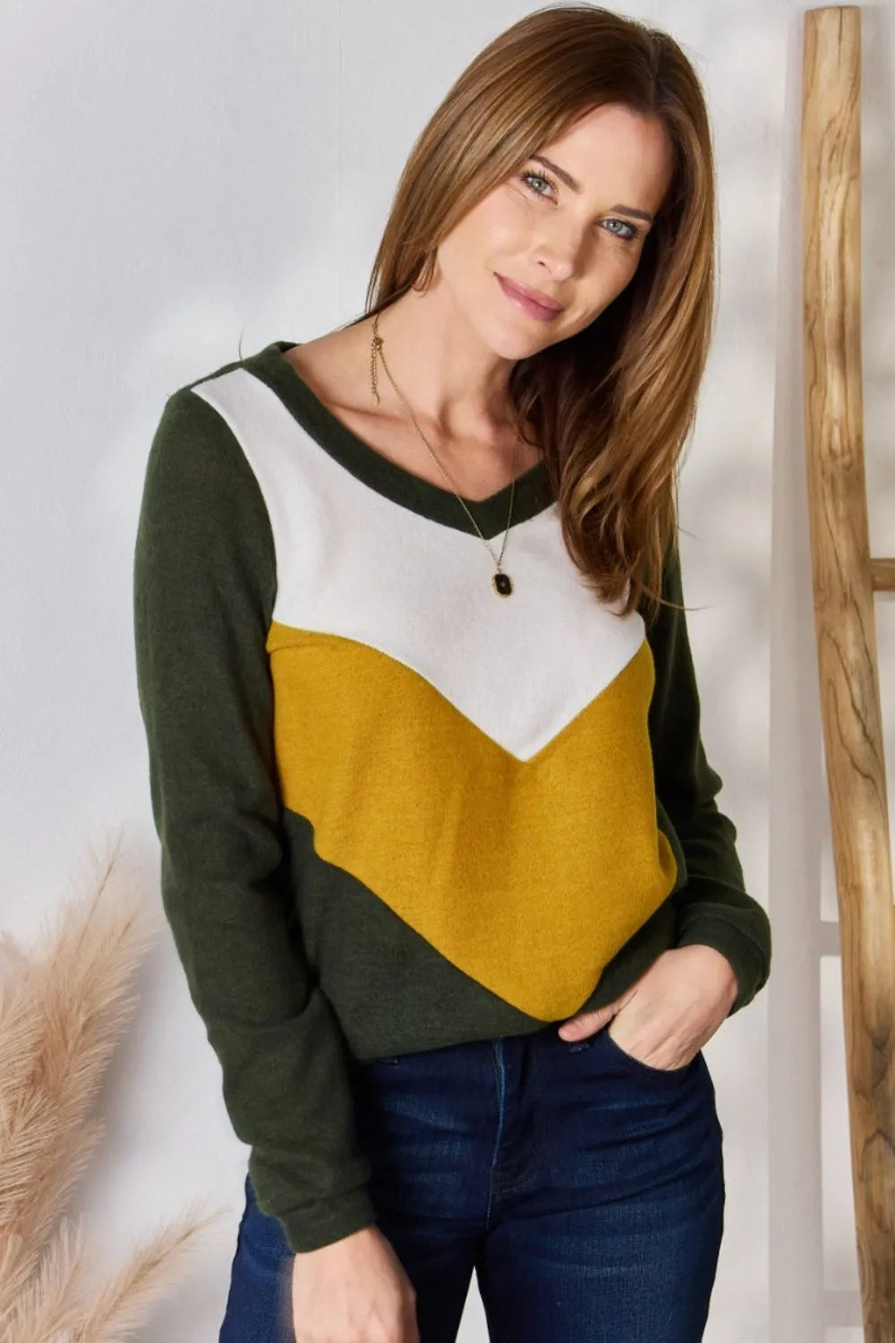 Stylish Hailey & Co Colorblock V-Neck Blouse - Flattering, Highly Stretchy, Versatile Top