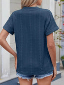 Trendy Eyelet Notched Short Sleeve Top in 65% Rayon - Stylish & Versatile Women's Wear - Store 42