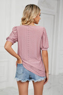 Trendsi Eyelet Puff Sleeve Top - Casual Solid Round Neck Design for Stylish Comfort - Store 42
