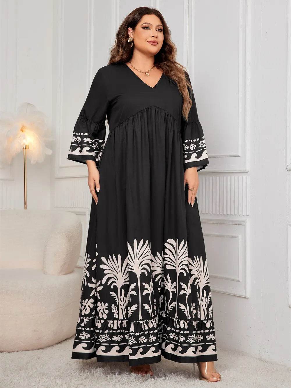 Honey Plus Size Printed V-Neck Long Sleeve Maxi Dress - Store 42