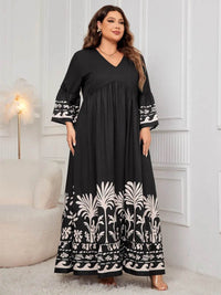 Honey Plus Size Printed V-Neck Long Sleeve Maxi Dress - Store 42