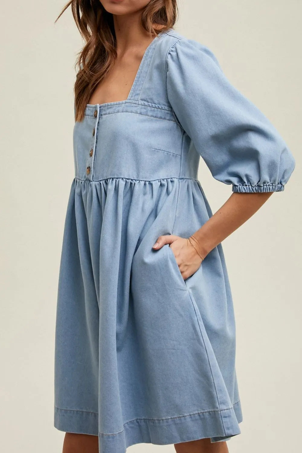 Trendsi Square Neck Half Sleeve Denim Dress - Classic Buttoned Design, 82% Cotton Blend