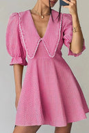 Gingham Puff Sleeve Mini Dress Pink