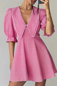 Gingham Puff Sleeve Mini Dress Pink