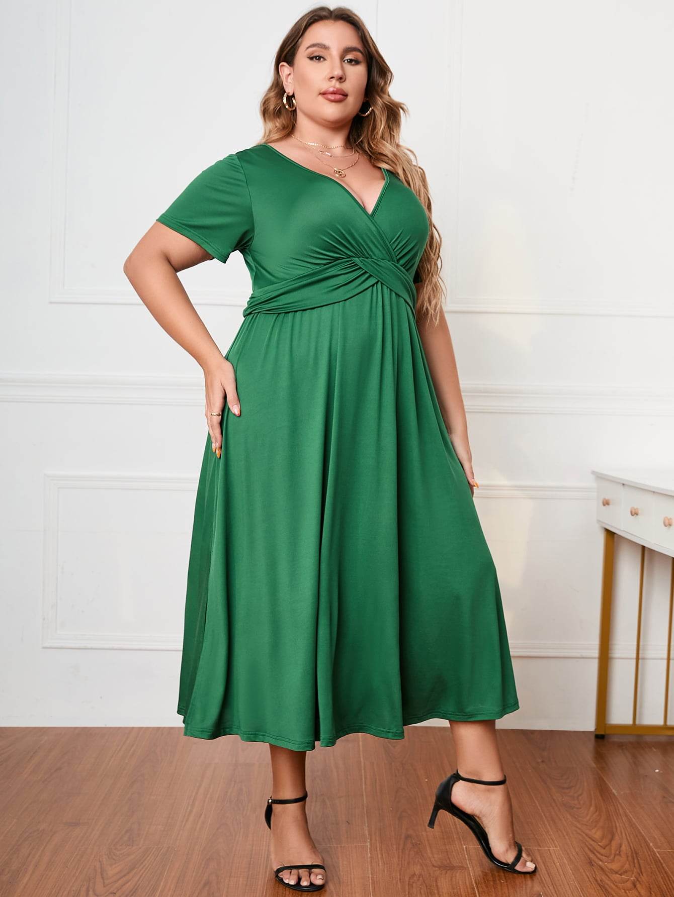 Honey Plus Size Short Sleeve Surplice Neck Midi Dress - Store 42