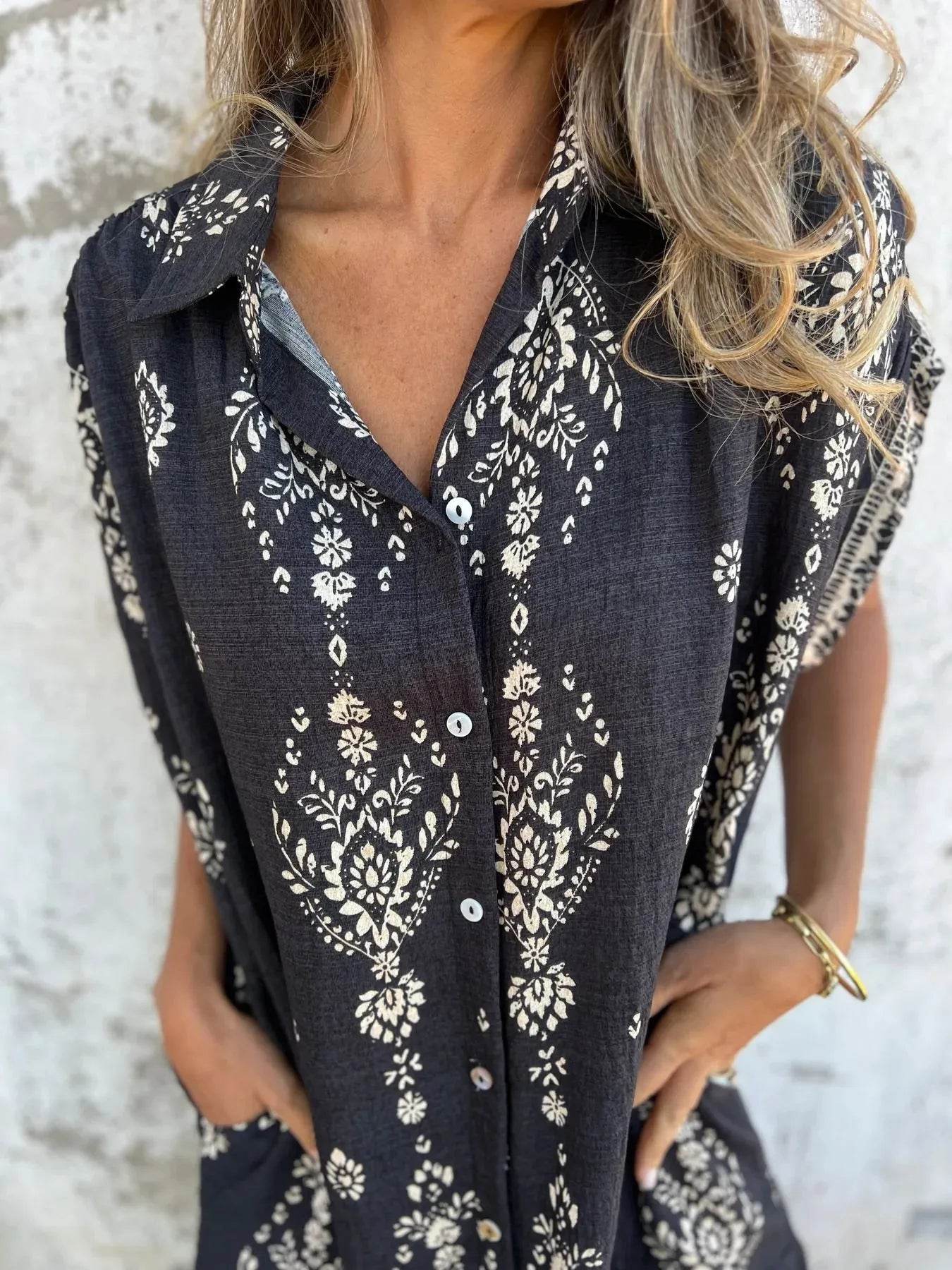 Full Size Printed Short Sleeve Button-Up Shirt Dress Plus Size - Store 42