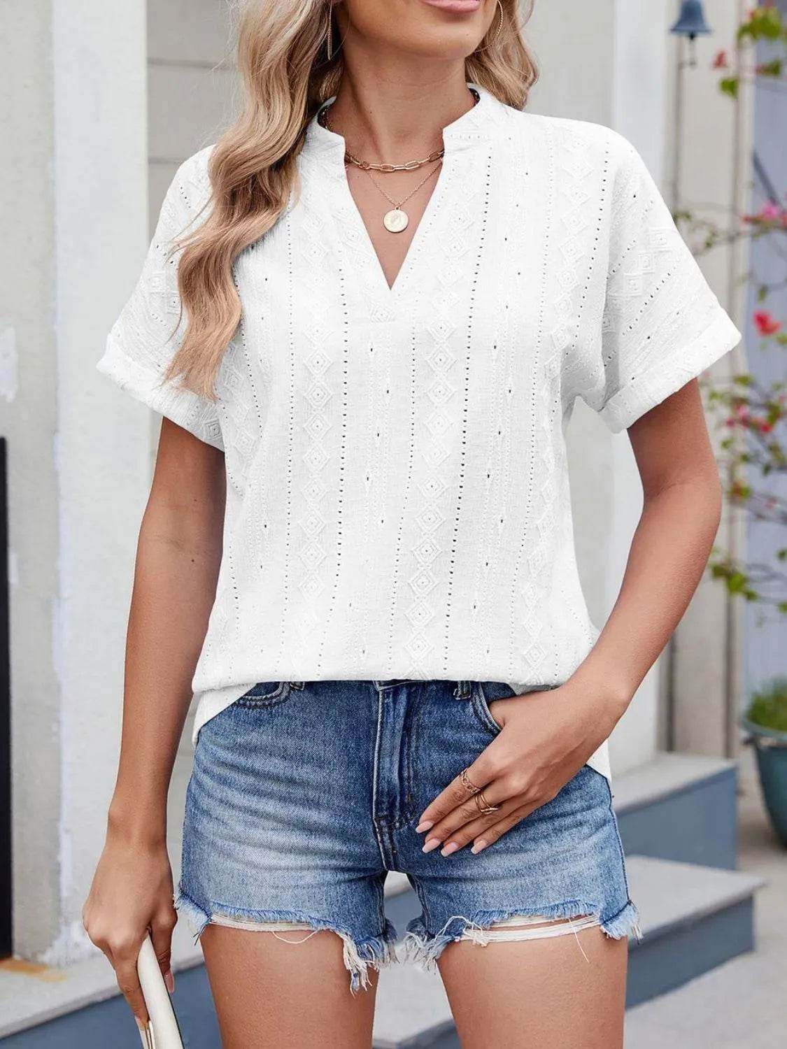 Trendy Eyelet Notched Short Sleeve Top in 65% Rayon - Stylish & Versatile Women's Wear - Store 42