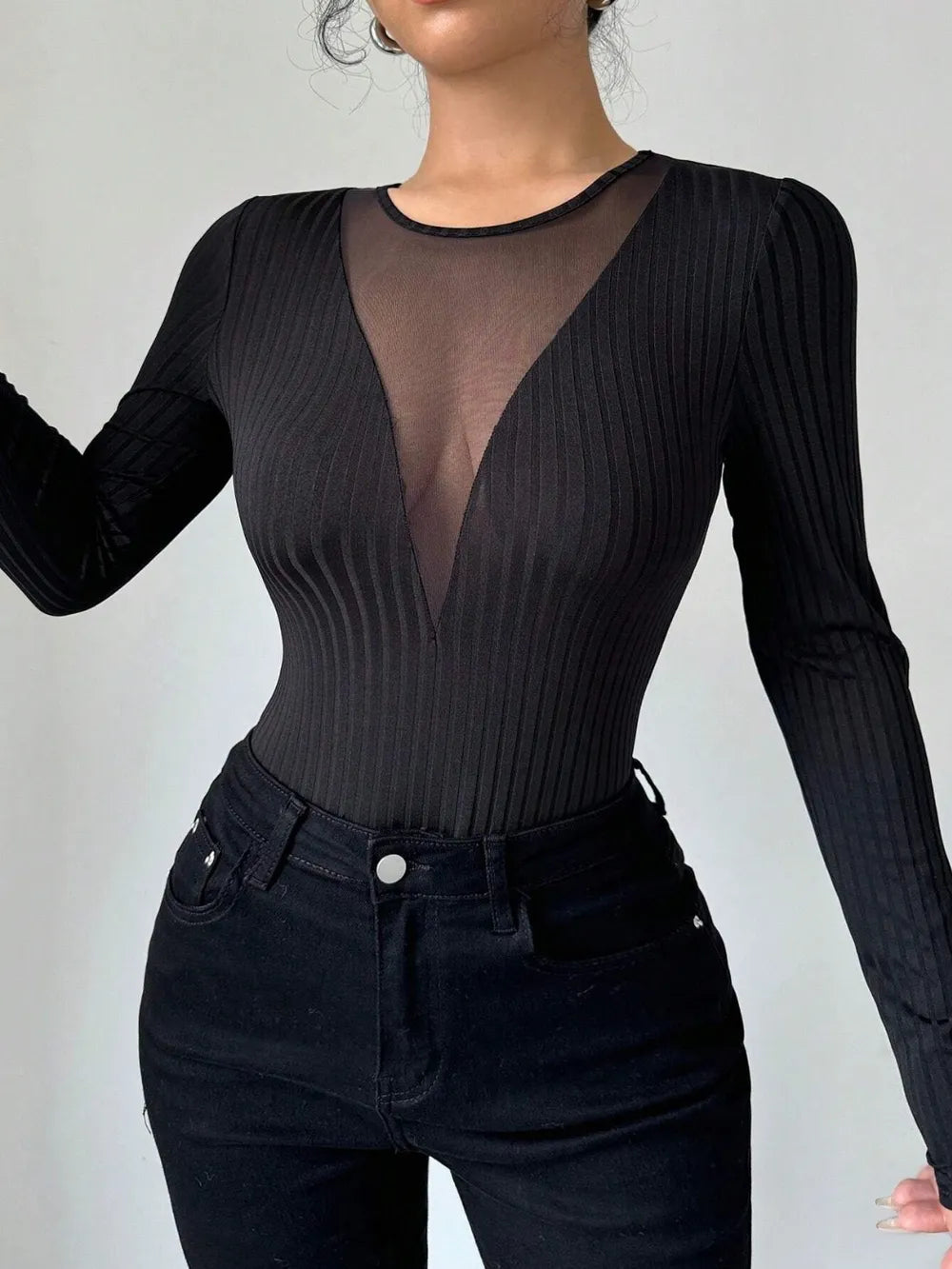 Semi-Sheer Lace Detail Round Neck Long Sleeve Top - Slightly Stretchy & Comfortable