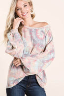 BiBi Pastel Tie Dye Top with Puff Sleeves - Soft Cotton, Relaxed Fit, Casual Chic Style - Store 42