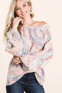 BiBi Pastel Tie Dye Top with Puff Sleeves - Soft Cotton, Relaxed Fit, Casual Chic Style - Store 42