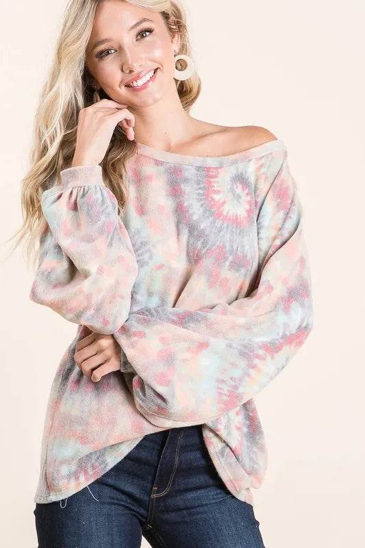 BiBi Pastel Tie Dye Top with Puff Sleeves - Soft Cotton, Relaxed Fit, Casual Chic Style - Store 42