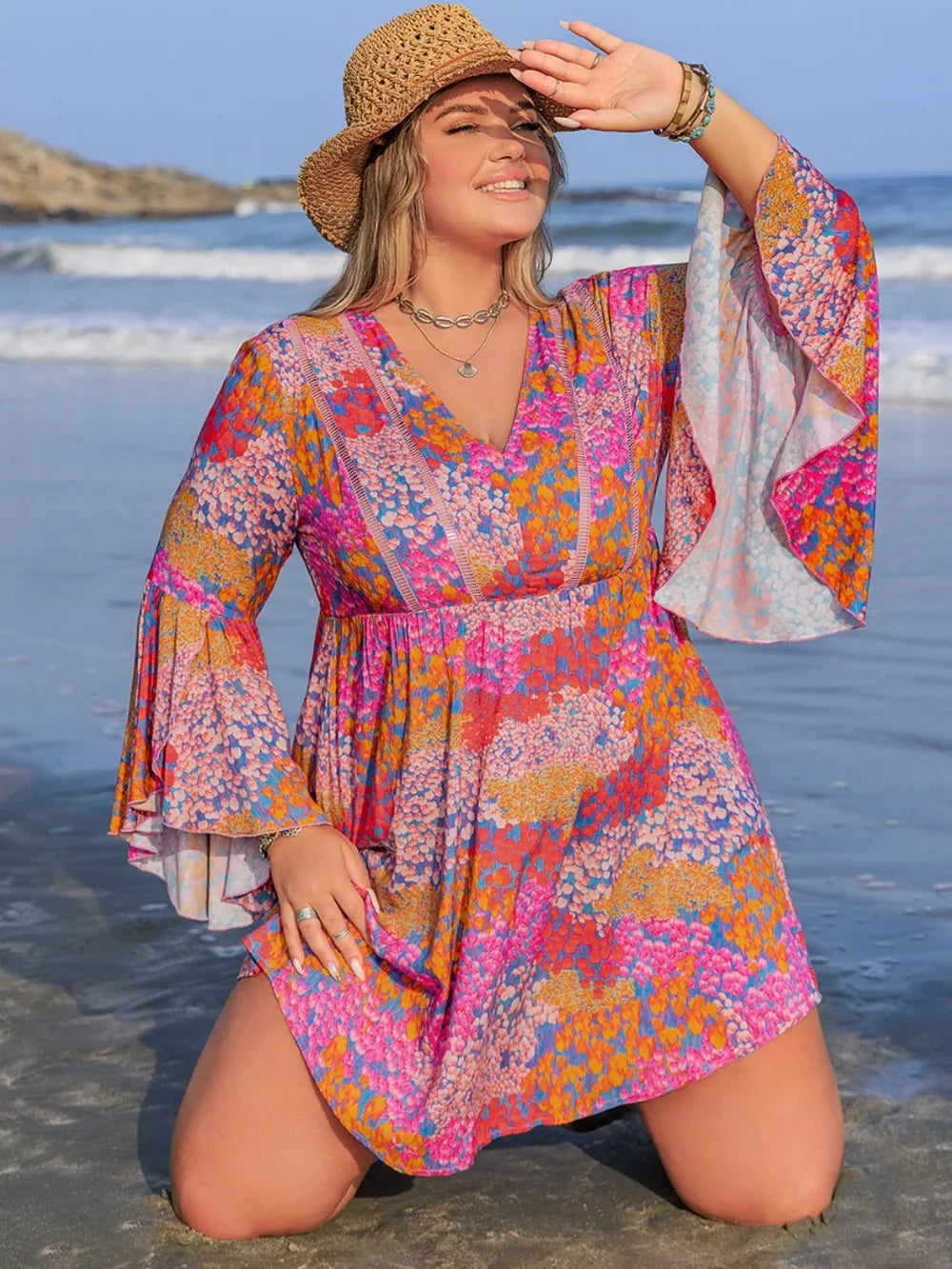 Stylish Plus Size Long Sleeve Ruched Printed Dress - Opaque Viscose, No Stretch, Perfect Fit