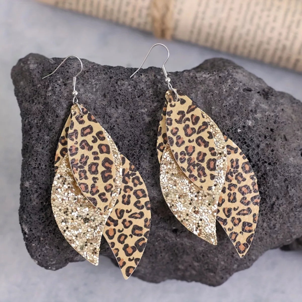 Trendy Leopard Print Leather Leaf Drop Earrings - Platinum & 18K Gold-Plated Fashion Jewelry
