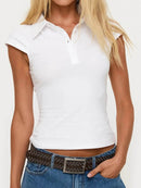 Trendy Solid Color Cap Sleeve Polo Shirt - Slightly Stretchy, Buttoned Viscose Blend - Store 42