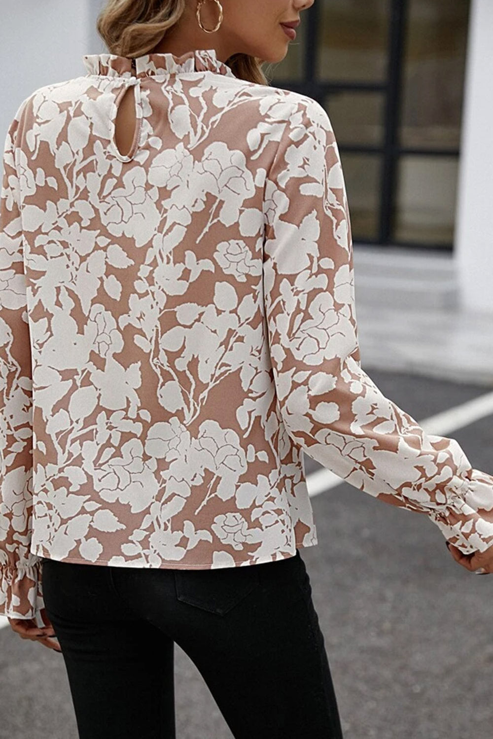 Women’s Floral Print Mock Neck Blouse with Ruffled Flounce Sleeves – 100% Polyester, Opaque