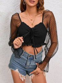 Chic V-Neck Drawstring Flounce Sleeve Cropped Top in Solid Polyester - Store 42