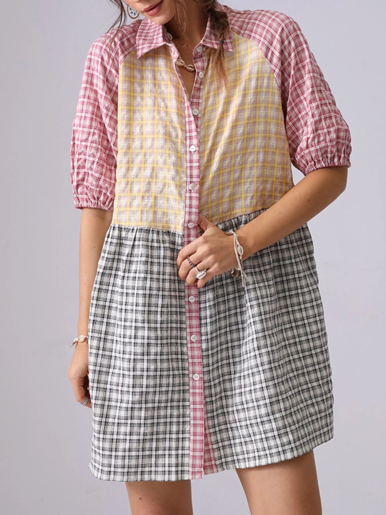 Colorful Mixed Gingham Shirt Dress