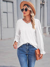Elegant Eyelet V-Neck Blouse with Flounce Sleeves - Slightly Stretchy Cotton Blend - Store 42