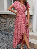 Printed Surplice Maxi Dress with Flutter Sleeves