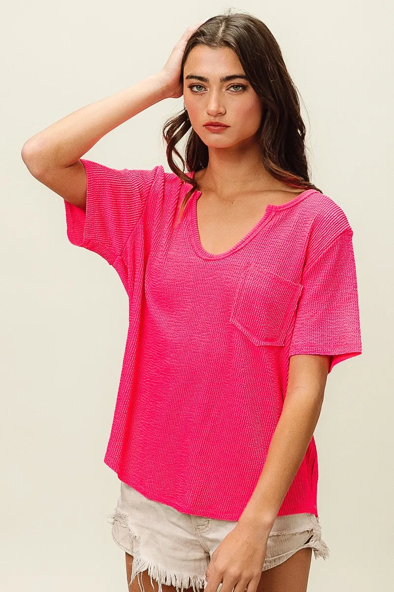 Vibrant Pink V-Neck Top With Front Pocket - Soft Textured Fabric, Relaxed Fit & Slight Stretch