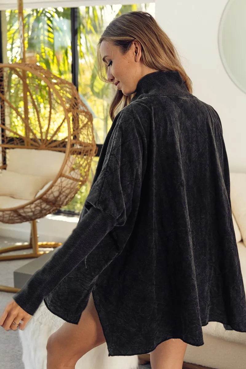 BiBi Vintage Washed Oversized Quilted Half Zip Sweatshirt with Fleece Lining and Ribbed Cuffs - Store 42