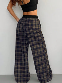 Plaid Wide Leg Pants with Drawstring Waist