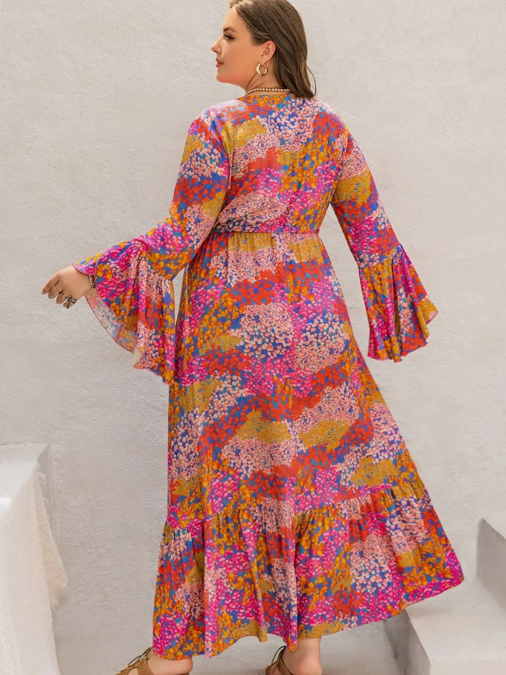 Plus Size Buttoned V-Neck Long Sleeve Maxi Dress in 100% Viscose with Tied Details