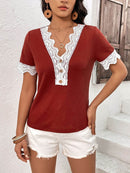 Ivy Lane Decorative Button Spliced Lace Short Sleeve Top - Store 42