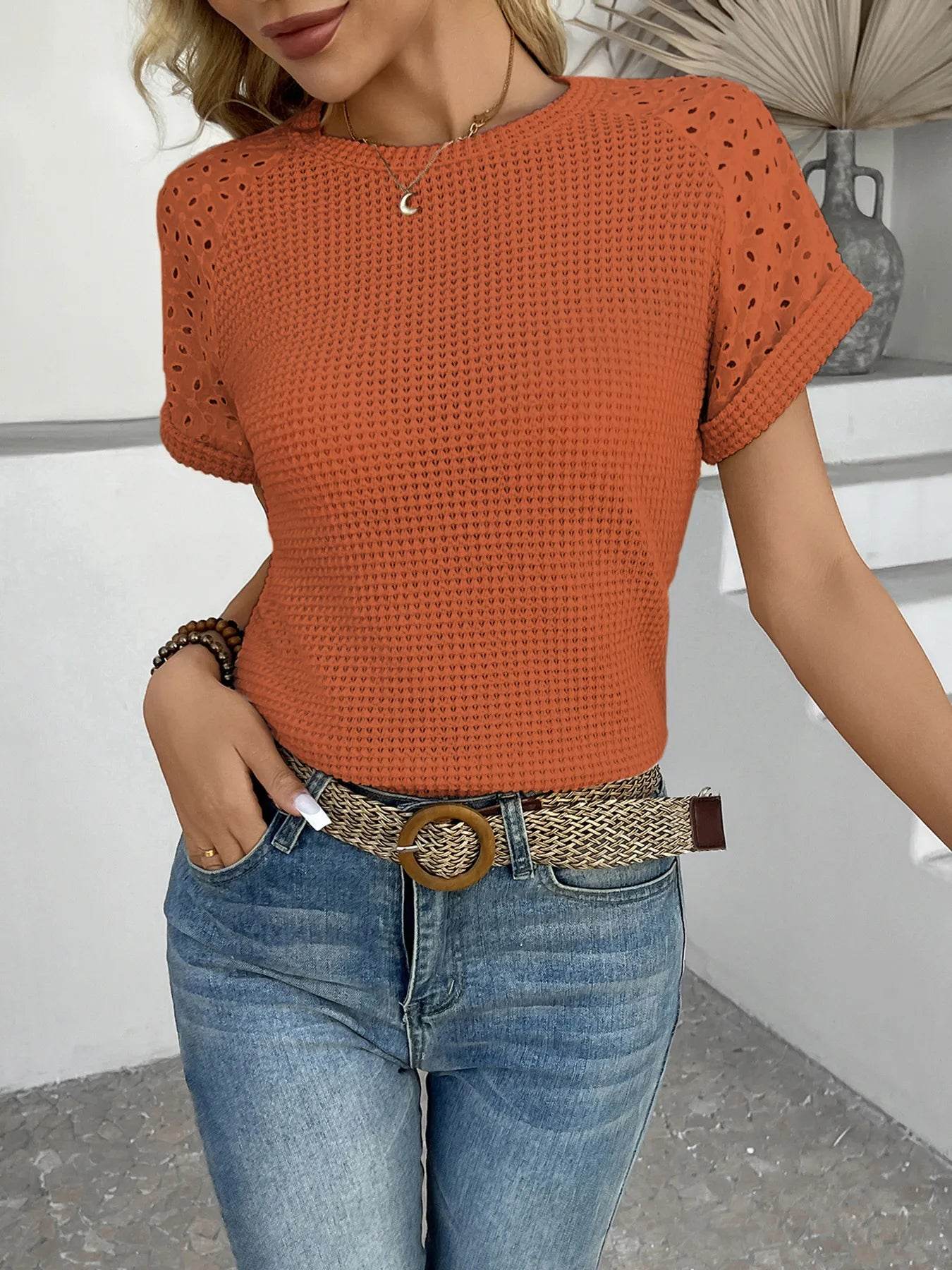 Trendy Hollow Out Waffle Knit Short Sleeve T-Shirt - Soft Stretchy Fabric, Eyelet Detail - Store 42