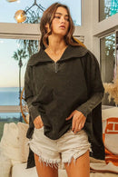 BiBi Vintage Washed Oversized Quilted Half Zip Sweatshirt with Fleece Lining and Ribbed Cuffs - Store 42