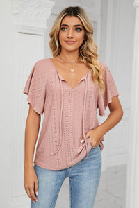 Trendsi Casual Eyelet Tie-Neck Flutter Sleeve Top in Solid Color - Slightly Stretchy V-Neck Design - Store 42
