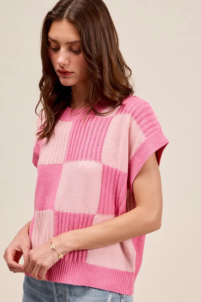 Check Plaid Oversized Casual Sweater Top with Ribbed Detail - Comfortable Everyday Style