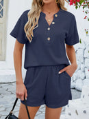 Casual Button Detail Ribbed Top and Shorts Two-Piece Set
