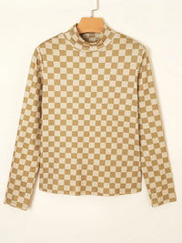 Check Pattern Turtleneck Slim Long Sleeve Tee