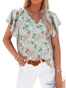 Full Size Flutter Sleeve Floral V-Neck Blouse Plus Size - Store 42