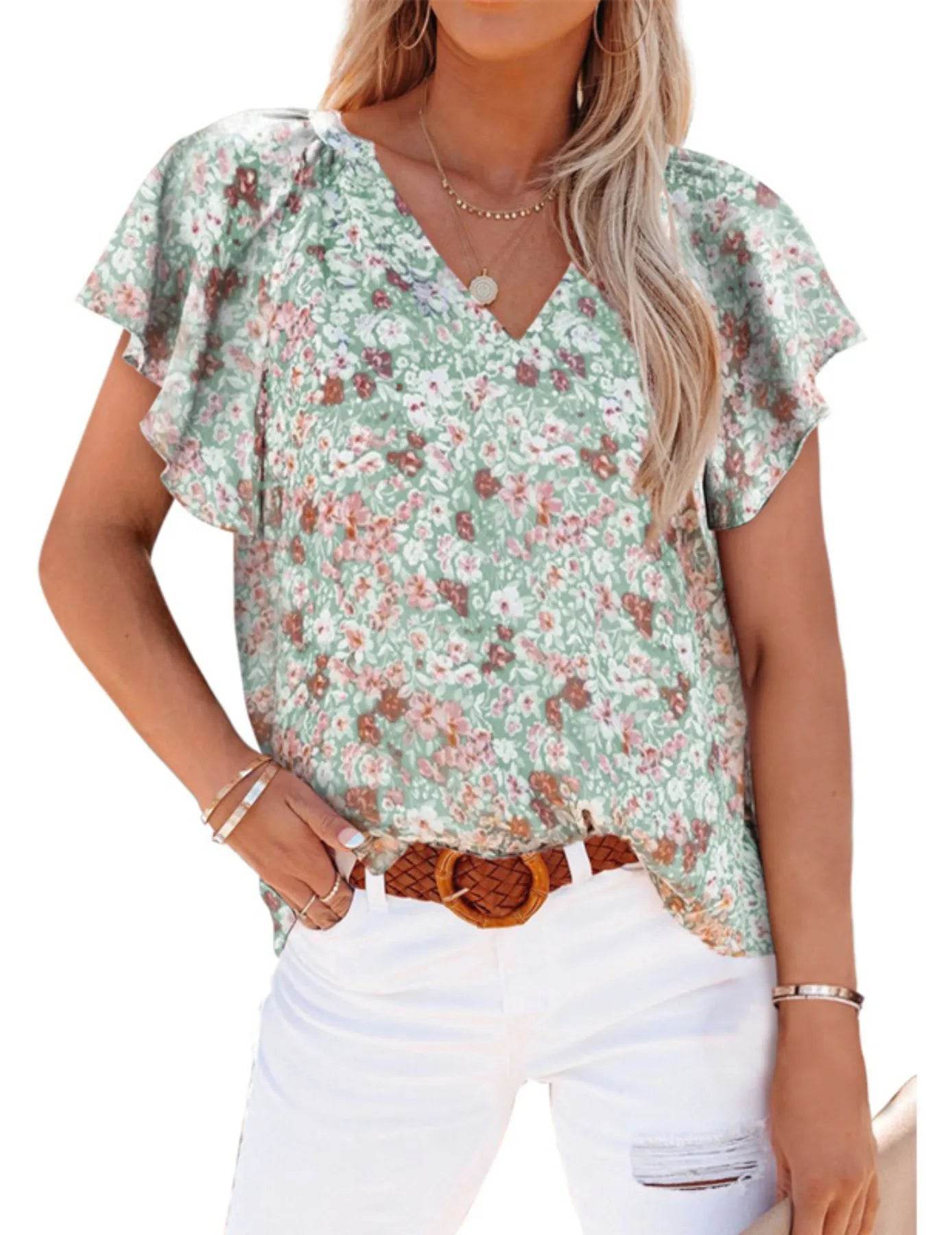 Full Size Flutter Sleeve Floral V-Neck Blouse Plus Size - Store 42