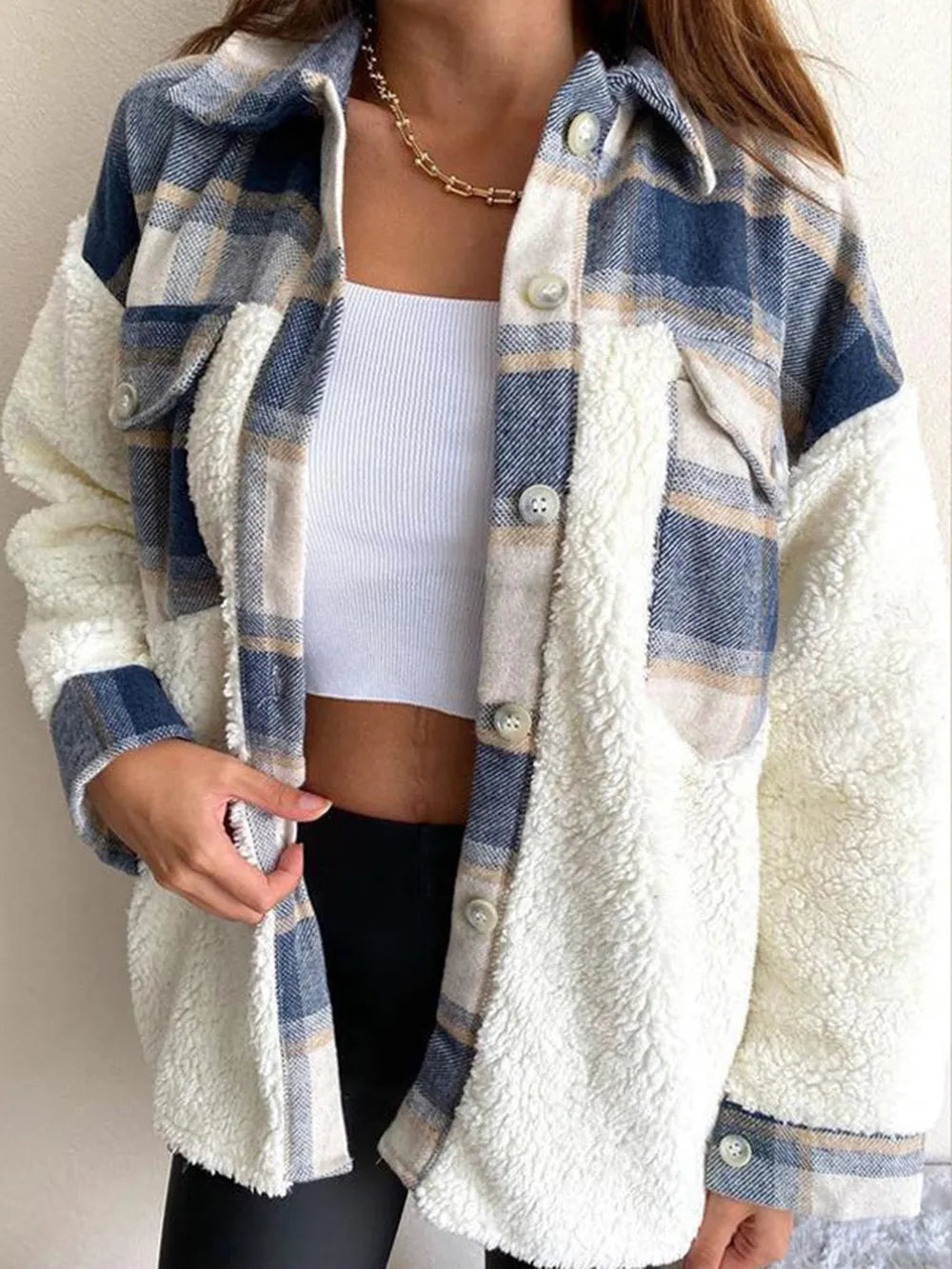 Trendy Fuzzy Button Up Long Sleeve Jacket with Pockets - Thick Polyester Blend, Cozy Style